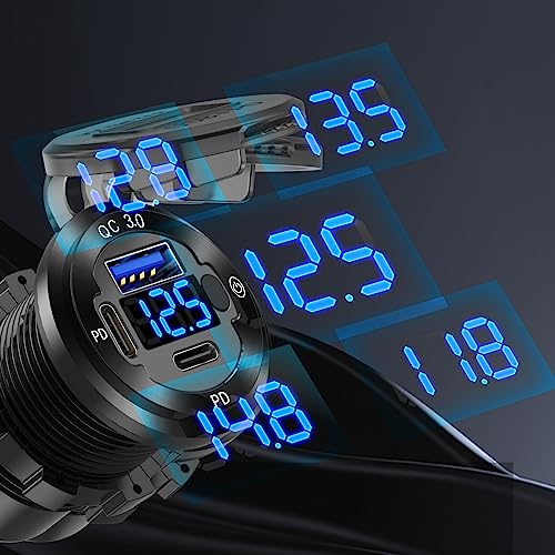 12V USB Car Socket Round USB C 12V Outlet, 3-Port Marine Fast Charger Waterproof Cigarette Outlet Replacement Aluminum with Switch & Voltmeter, Suitable for Boat Golf Cart RV Motorcycle Truck
