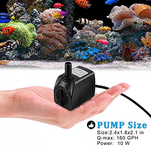 PULACO 160GPH Small Fountain Pump, Ultra Quiet Submersible Water Pump (600L/H, 10Watt) with 3.3 ft Tubing for Aquariums, Pond Fountain, Water Feature, Indoor Fountains