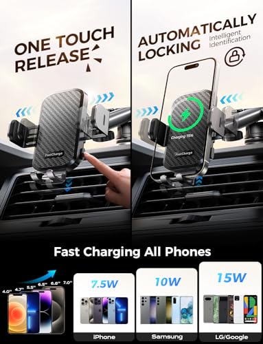 Wireless Car Charger with Phone Holder Mount, 15W Fast Charging Auto Clamping Phone Holders for You Car Windshield Dashboard Air Vent Accessories for iPhone, Samsung Galaxy, Google, etc
