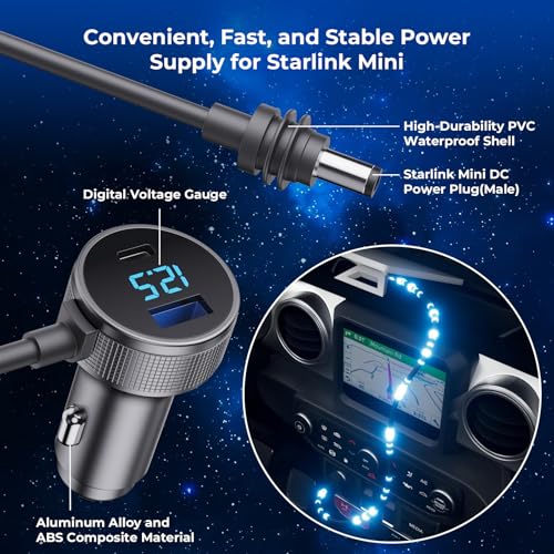 Starlink Mini Cable, 3 in 1 Starlink Mini Car Charger DC Power Cable+ Cigarette Lighter Adapter 12V-48V with Digital Display, Durable USB C PD 40W and USB A 35W Ports for Trucks and Cars (10FT)