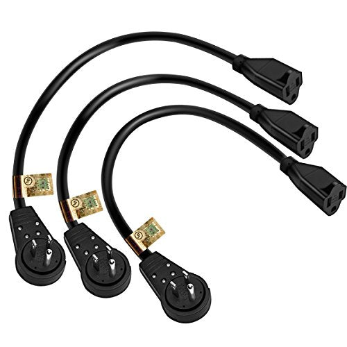 Nekteck 360° Rotating Flat Plug Extension Cord 1 Foot, 14AWG 3 Prong Extension Cord, Low Profile Right Angle Power Cord, Flat Extension Cord Grounded Wire, 15A - UL Certified, Black