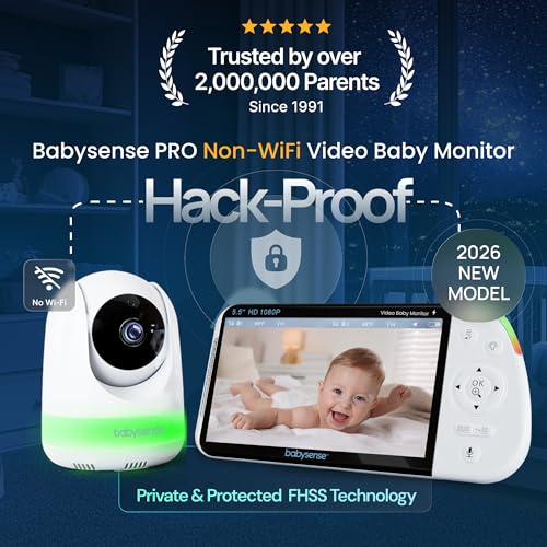 Babysense PRO Full HD 5.5" Split Screen Baby Monitor with 2 Cameras, 6-Color Night Light, White Noise, Sound & Light Machine, 20-Hour Battery, Hack-Proof Non-WiFi Secure Connection