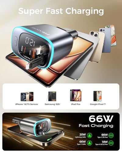 iPhone Car Charger, Retractable Fast USB C Phone Charger, 4 in 1 Cigarette Lighter Adapter with 2 Cables 25 Inch and 2 USB Ports, Multi Port USB Car Charging for iPhone 17/16/15/14/13/Pro Max