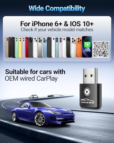 vnilrgle Wireless CarPlay Adapter for Apple iPhone（2026 Upgraded） Mini Design, Converts Factory Wired to Wireless Adapter for CarPlay, Plug and Play, Auto Connect Fast and Stable(Black)