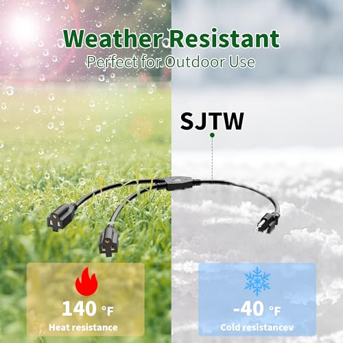 Elecan 3-Prong Y Splitter Power Extension Cord 1 FT, Straight Plug 1 to 2 Way Outlet Space Saver, Heavy Duty Weatherproof SJTW, 16AWG 13A, 5-15P Cable Extender for Indoor Outdoor-UL
