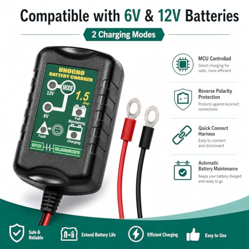 Unocho 6V/12V Battery Charger Maintainer 1.5A Automatic Trickle Charger Smart Float Charger for Car Motorcycle Lawn Mower Boat ATV Snowmobile Lead-Acid AGM GEL SLA VRLA WET Batteries