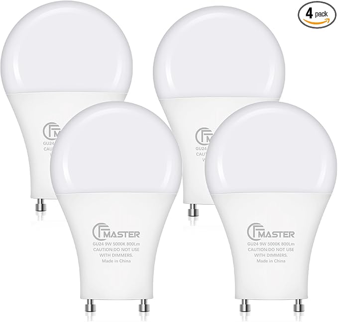 GU24 LED Light Bulb, 5000K Daylight, 9W(100W Equivalent), 800 Lumens, A19 Shape GU 24 LED Bulbs, Twist and Lock GU24 Pin Base with Two Prongs, Non-Dimmable, UL ETL Certificated(4-Pack)