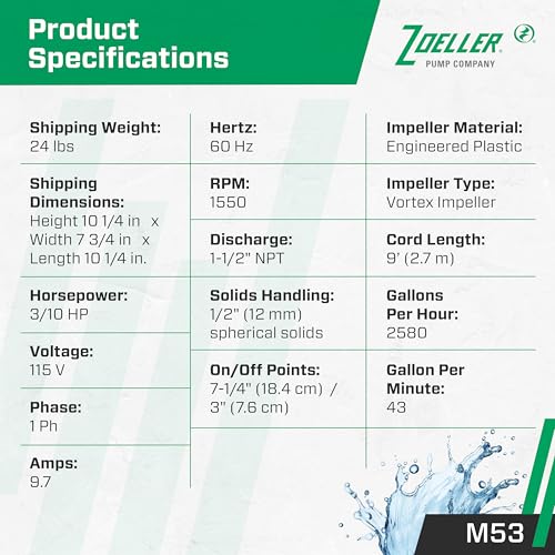 Zoeller M53 Mighty-mate Submersible Sump Pump, 1/3 Hp