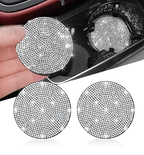NBTEPEM 2pcs Bling Car Cup Holder Coaster, 2.75 inch Anti-Slip Shockproof Universal Fashion Coasters Insert Crystal Rhinestone Automotive Interior Accessories for Women (2 pcs, White)