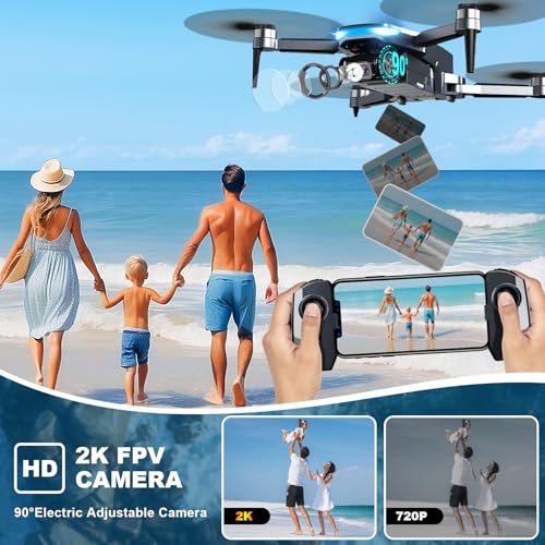 GPS Drone with Camera, 2K HD Drones for Adults, Foldable FPV Drone with GPS Auto Return, Follow Me, Circle Fly, Waypoint Fly, 5G Transmission, Gestures Selfie, Brushless Motor, 2 Batteries, Charcoal