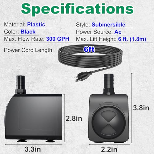 Knifel Submersible Pump 300GPH Ultra Quiet with Over Heating Protection 6ft High Lift for Fountains, Hydroponics, Ponds, Aquariums & More…