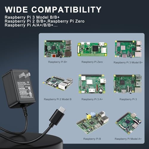 Raspberry Pi Power Supply, SoulBay 5V 3A Micro USB AC Adapter with 6Feet Long Cord for Raspberry Pi 3 2 Model B/B+ Pi A/A+ Zero, Android Tablet, Compatible with DC5V 2.5A 2A