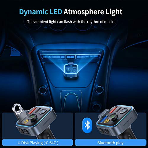 UNBREAKcable Bluetooth 5.3 FM Transmitter for Car, [PD 20W + QC 3.0] [Stronger Microphone & HiFi Bass Sound] Cigarette Lighter Radio Music Adapter Charger, Supports Hands-Free Siri Google Assistant
