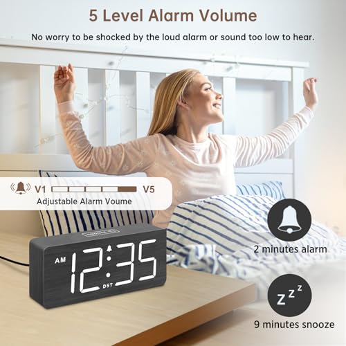 DreamSky Wooden Digital Alarm Clock for Bedroom - Loud Alarm Clock for Heavy Sleepers with Volume Control, Desk Clocks for Living Room with Large Numbers, Dimmer, DST, Wood Decor (Plug in Clock)