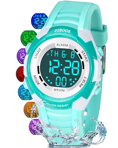Juboos Kid's Digital Watch for Boys and Girls, Waterproof LCD Digital Sports Kids Watch with 7 Color LED Lights, Stopwatch, Alarm