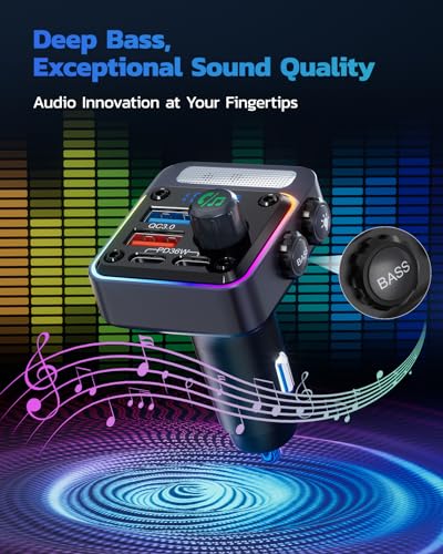 Nulaxy 54W Bluetooth 5.3 Car Adapter Charger 4-Port Fast Charging [PD36W & QC3.0 18W], Wireless Radio FM Transmitter with Deep Bass Player, 5 Colors LED Backlit, Hands-Free Calling, Support USB Drive