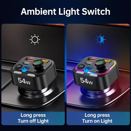Syncwire Bluetooth 5.4 FM Transmitter Car Adapter 54W (PD 36W & 18W) [Stronger Dual Mics] [Light Switch] [HiFi Bass Sound] [Fast Charging] Wireless Radio Receiver Hands-Free Calling LED Display