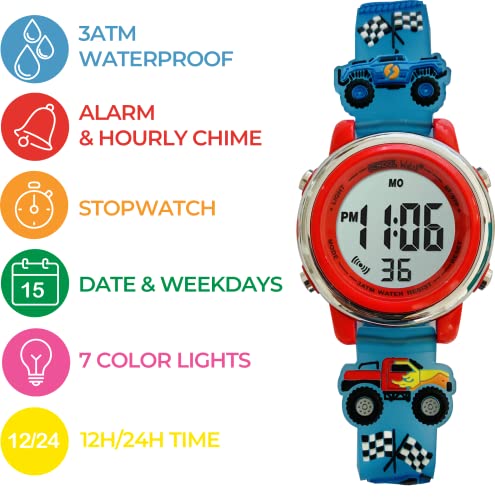 Preschool Collection Kids Digital Light Up Watch - Monster Trucks, Dinosaurs, Shark, Unicorn, Butterfly, Spider - Girls, Boys, Children, School