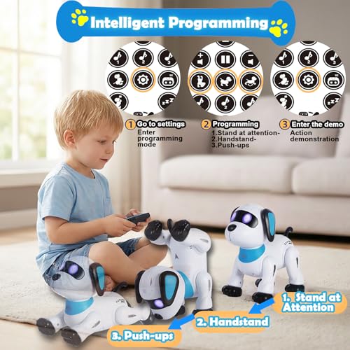 yiman Remote Control Robot Dog Toy – Programmable Smart Robot Dog for Kids 3+, Interactive Dancing & Sound, RC Stunt Toys with LED Eyes, Electronic Pet Toy for Boys & Girls Gifts (Blue)