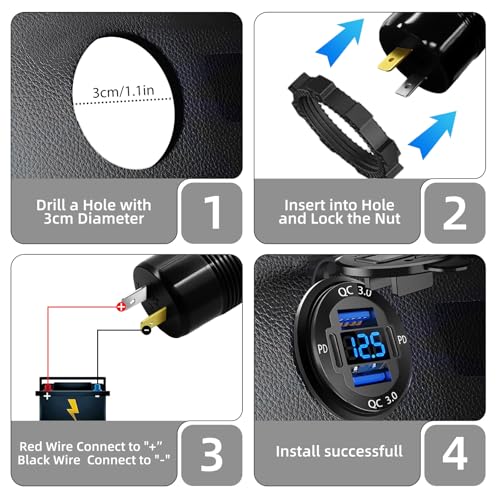 Upgraded 4 Port 12V USB Outlet, 78W Dual PD & QC Aluminum Alloy USB Ports with LED Voltmeter Waterproof for Cars, Cigarette Lighter Replacement 12V Socket for Boats RV Trucks and Motorcycles
