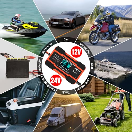 NEXPEAK NC201 10-Amp Battery Charger, Smart Trickle Charger 12V 24V Car Battery Charger Fully Automatic Maintainer Desulfator w/Temp Compensation for Car Truck Lawn Mower Boat Marine Batteries