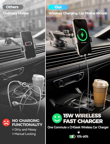 Wireless Car Charger with Phone Holder Mount, 15W Fast Charging Auto Clamping Phone Holders for You Car Windshield Dashboard Air Vent Accessories for iPhone, Samsung Galaxy, Google, etc