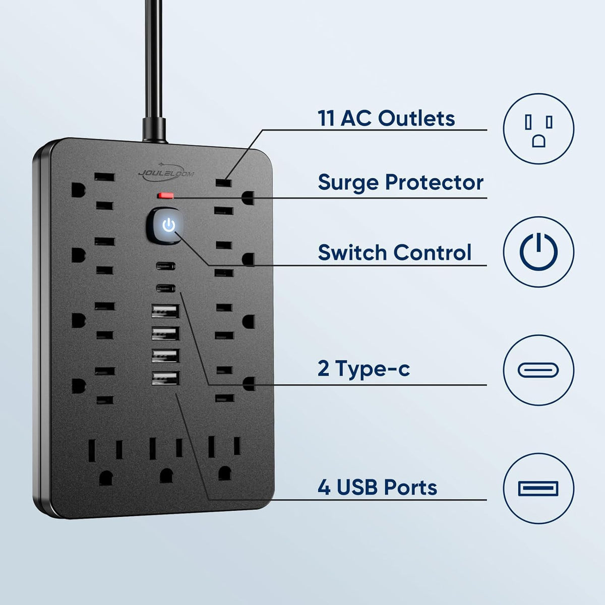 6 FT Flat Plug Surge Protector Power Strip, 11 Multiple AC Outlets with 6 USB Ports (2 USB C), 6 Feet Extension Cord, 1250W/10A