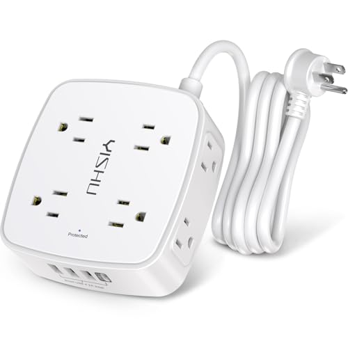 6 Ft Surge Protector Power Strip - 8 Widely Outlets with 4 USB Ports, 3 Side Outlet Extender with 6 Feet Extension Cord, Flat Plug, Wall Mount (White)