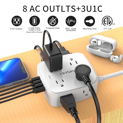 6 Ft Surge Protector Power Strip - 8 Widely Outlets with 4 USB Ports, 3 Side Outlet Extender with 6 Feet Extension Cord, Flat Plug, Wall Mount (White)