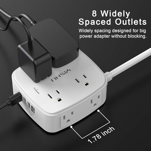6 Ft Surge Protector Power Strip - 8 Widely Outlets with 4 USB Ports, 3 Side Outlet Extender with 6 Feet Extension Cord, Flat Plug, Wall Mount (White)