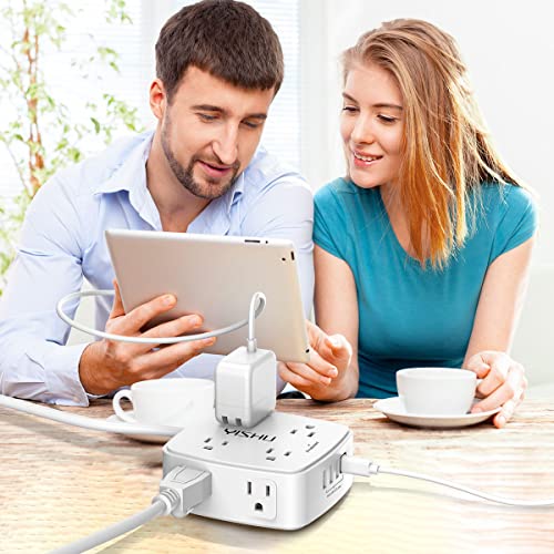 6 Ft Surge Protector Power Strip - 8 Widely Outlets with 4 USB Ports, 3 Side Outlet Extender with 6 Feet Extension Cord, Flat Plug, Wall Mount (White)