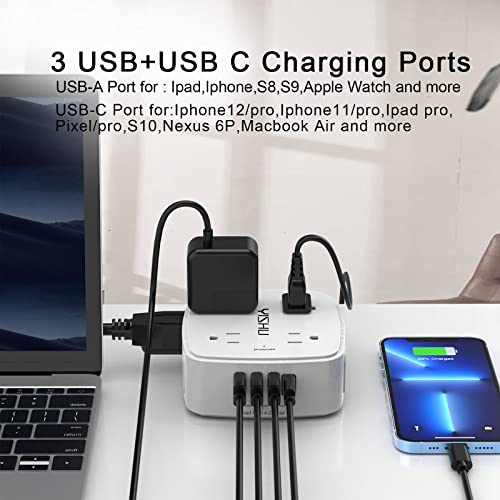 6 Ft Surge Protector Power Strip - 8 Widely Outlets with 4 USB Ports, 3 Side Outlet Extender with 6 Feet Extension Cord, Flat Plug, Wall Mount (White)