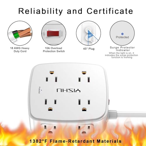6 Ft Surge Protector Power Strip - 8 Widely Outlets with 4 USB Ports, 3 Side Outlet Extender with 6 Feet Extension Cord, Flat Plug, Wall Mount (White)