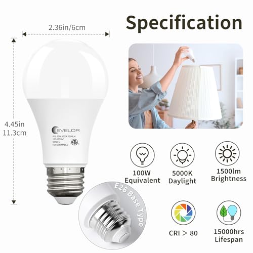 6-Packs A19 LED Light Bulbs, 100 Watt Equivalent Daylight 5000K Bright Bulbs Efficient 13W, 1500 Lumens E26 Base, Non-Dimmable, 15000-Hour Lifespan