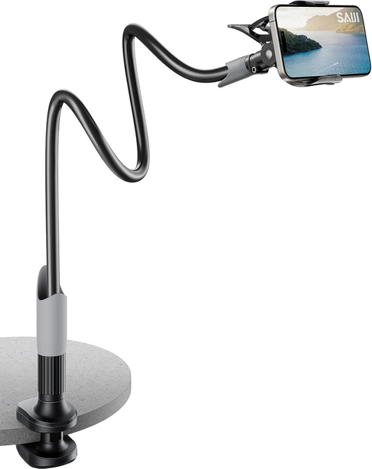 SAIJI Gooseneck Bed Phone Holder – Flexible Long Arm Clamp Stand for Desk & Bed (Black)