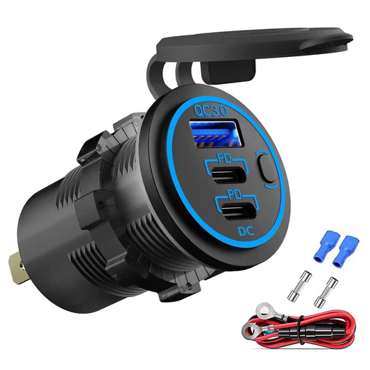 12V USB Outlet Wire USB Charger Multi Port, Dual PD3.0 USB-C and Quick Charge3.0 Car Port Socket with Power Switch, Fast Charge for Phone lPad Android Phones, Suitable for Car Boat RV Marine ATV
