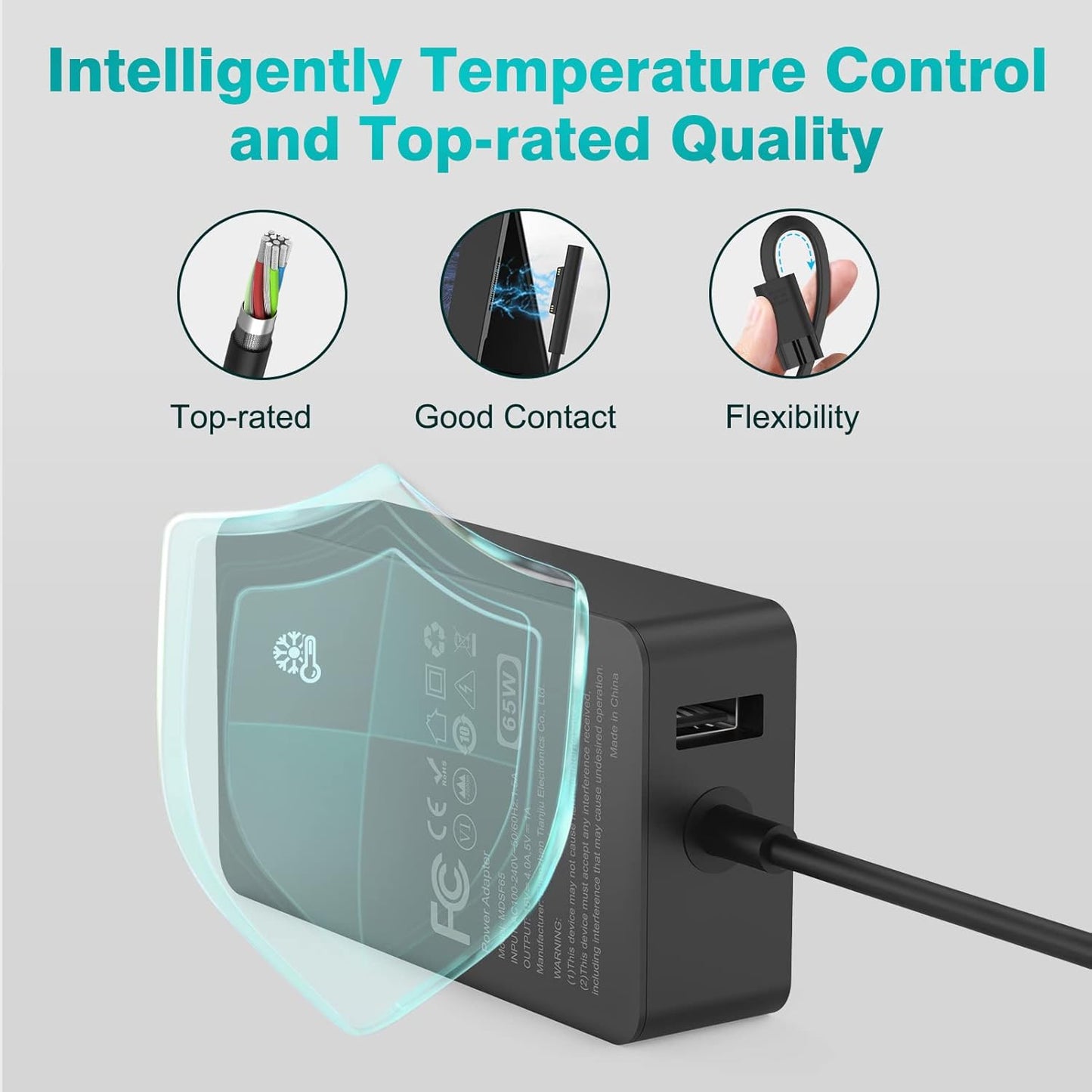 65W Charger Compatible with Microsoft Surface Pro 11, 10, 9, 8, 7+, 7, 6, 5, 4, 3, X, Power Adapter for Windows Surface Laptop 7/6/5/4/3/2/1, Go Tablet, Book 3/2/1, Support 44W, 36W, LED, 10FT