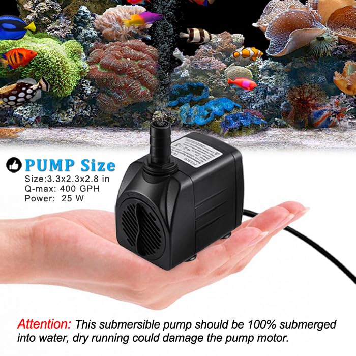 PULACO 400GPH Submersible Pump with 5 ft Tubing, (1500L/H 25W) durable fountain water pump for Pond Fountain, Aquariums Fish Tank, Statuary, Hydroponics