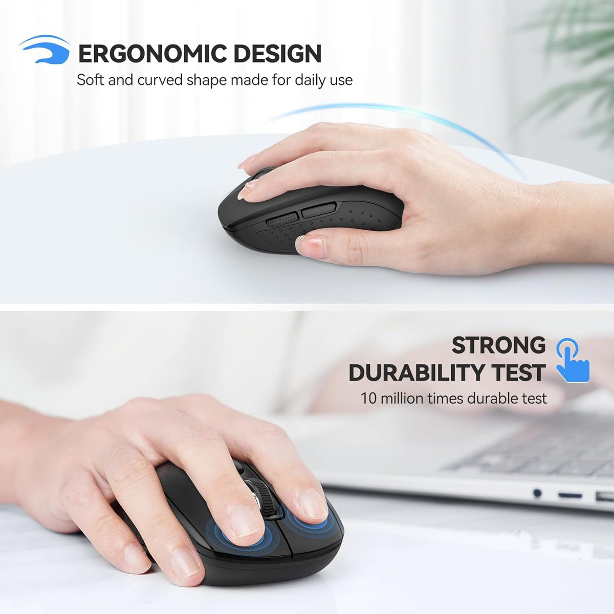 TECKNET Bluetooth Mouse, 4000DPI Wireless Mice for Laptop 2-in-1(BT 5.0/3.0+2.4Ghz) Computer Portable PC Mouse Wireless with USB Receiver for Mac (USB-A+Bluetooth, Black)