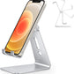 Adjustable Cell Phone Stand, OMOTON Aluminum Desktop Cellphone Stand with Anti-Slip Base and Convenient Charging Port, Fits All Smart Phones, Silver