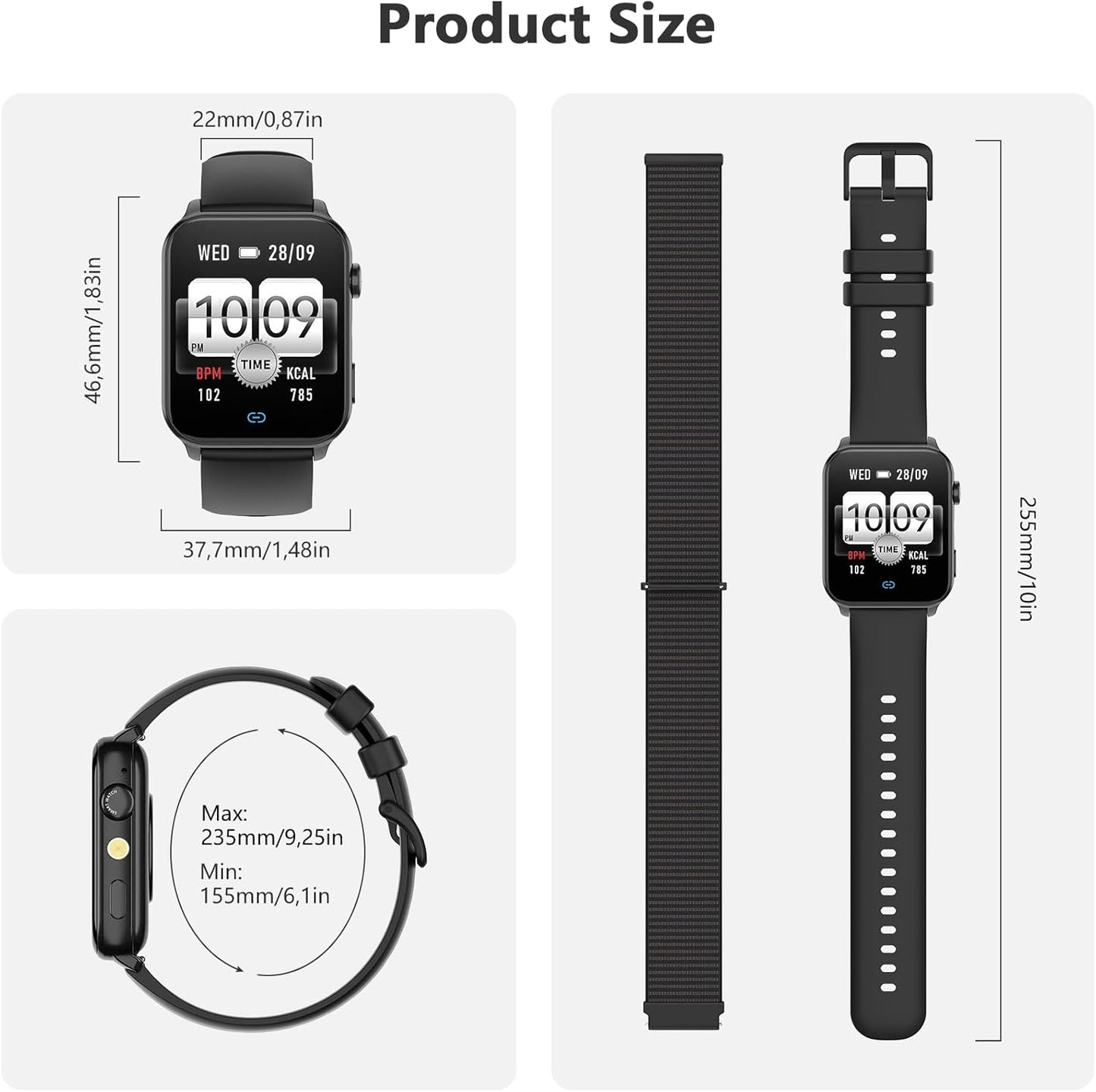 Blackview Smart Watch for Men Women,1.91" HD Touchscreen Fitness Watch with Flashlight, Bluetooth Notifications/Make Calls, Heart Rate/Sleep Monitor/2 Straps, Fitness Watch for Android/iPhone