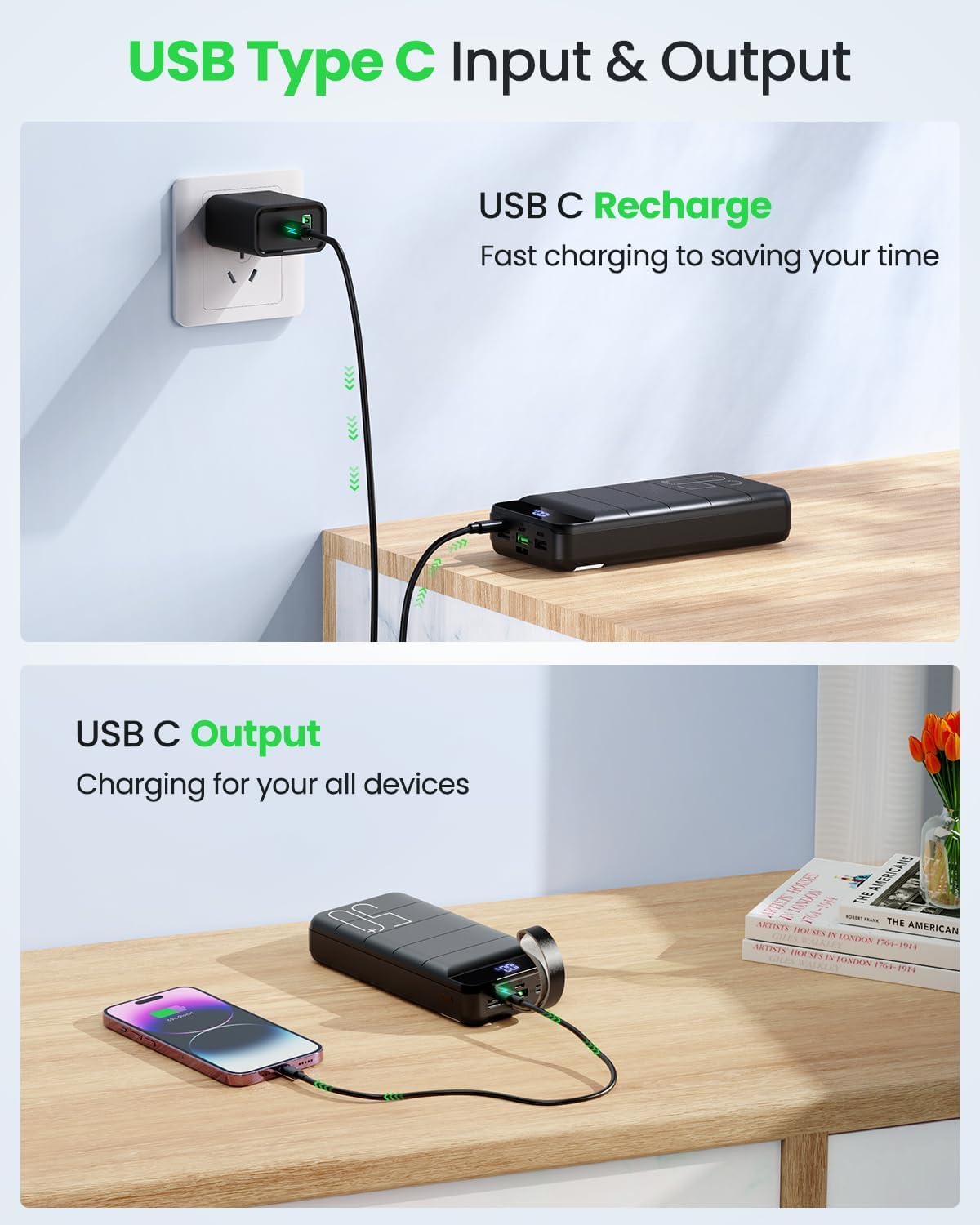 Power Bank Fast Charging 50000mAh - 22.5W Portable Charger USB C Quick Charge with 4 Outputs & 3 Inputs LED Display Huge Capacity External Battery Pack for iPhone, Samsung, iPad etc Black