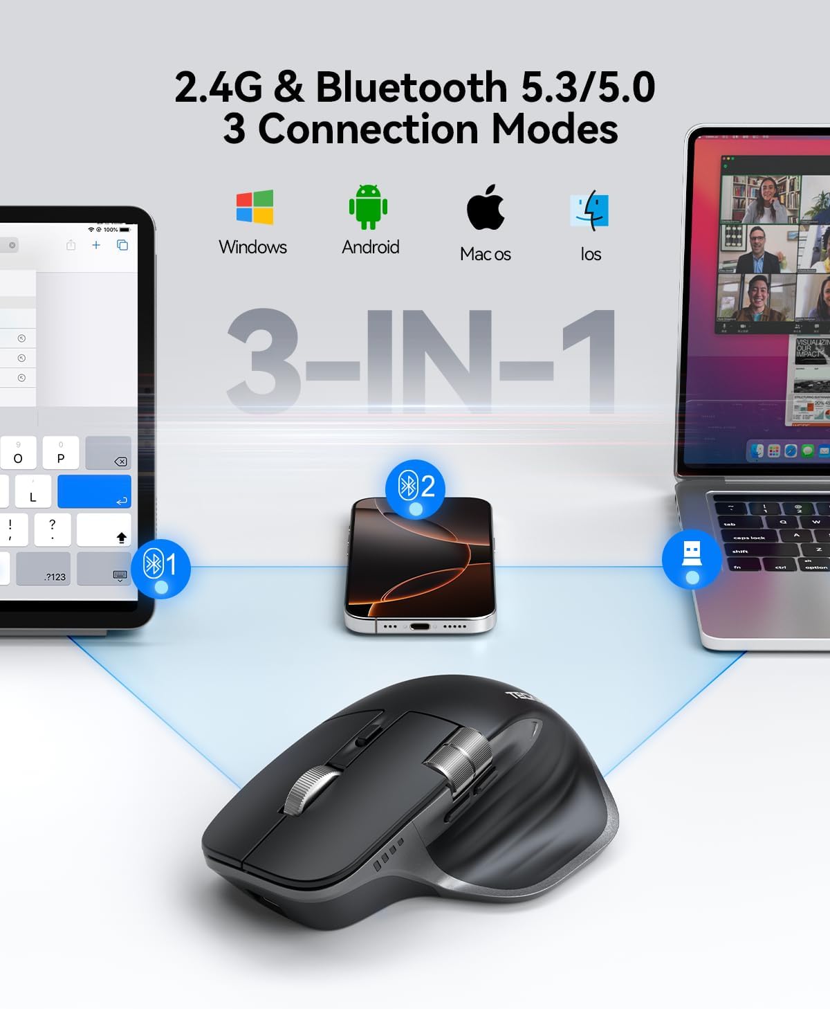 TECKNET Wireless Mouse, Bluetooth Mouse (BT5.3/5.0 & 2.4G) Rechargeable Ergonomic Optical Mouse with 6 Adjustable DPI, Side Scroll, Quiet Clicks, USB A Receiver, 7 Buttons, Wide Compatibility - Black