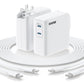 Essri MacBook Pro Charger,100W USB C Charger 2Pack with Foldable Plug,Dual 65W Ports Fast Charging for MacBook Pro Air,iPad Pro,iPhone 17/16/15,Includes 6FT+10FT USB C to C Cables - White