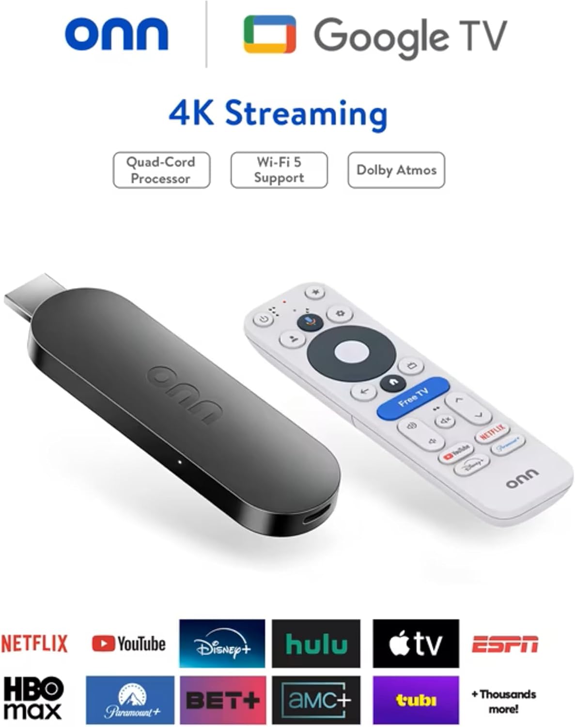 ONN Android TV 4K UHD Streaming Device with Voice Remote Control Google Assistant & High Speed HDMI Cable (100026240) Black