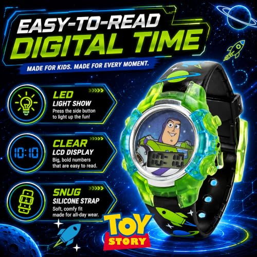 Disney Pixar Toy Story 4 Buzz Lightyear Kids Flashing LCD Watch with Colorful Light-Up Dial, Durable Case, Space-Themed Strap – Perfect for Ages 4+ Boys and Girls – Fits Wrists 5.5" to 8"