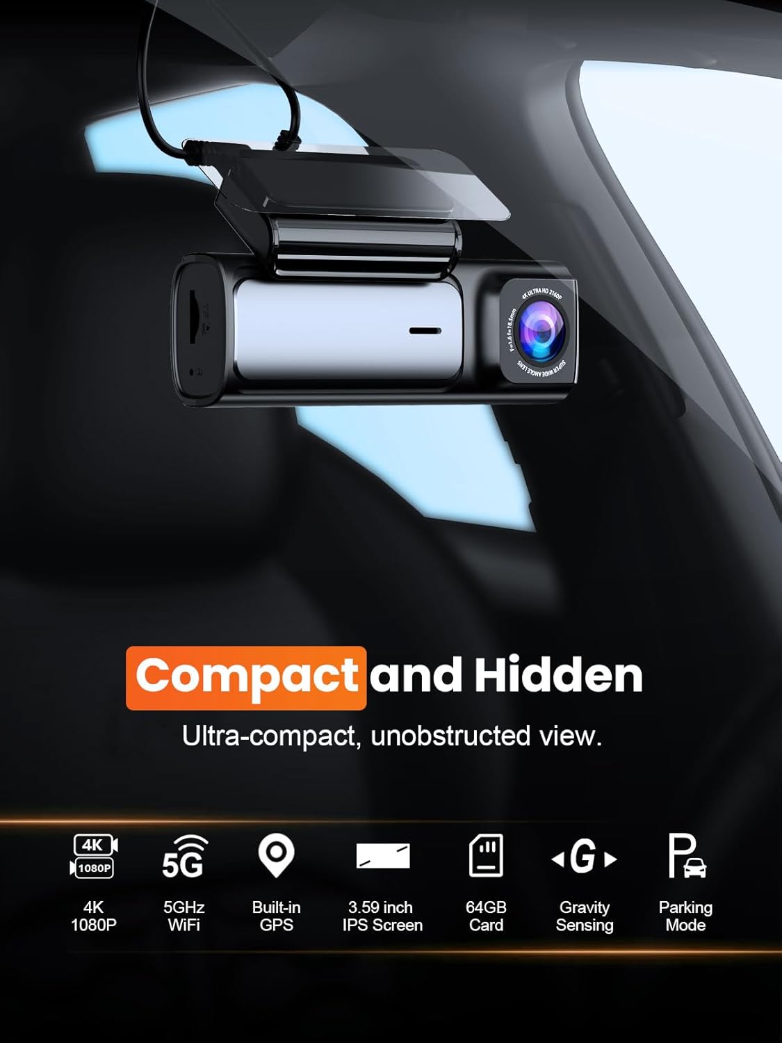 Affver 4K+2.5K Dash Cam Front and Rear, Built-in 5G WiFi 6 GPS Dual Dashcam | 64GB Card Included, 3.59" IPS Screen, APP Control, G-Sensor, Loop Recording, 24H Parking Mode, Night Vision, Car Dash Camera