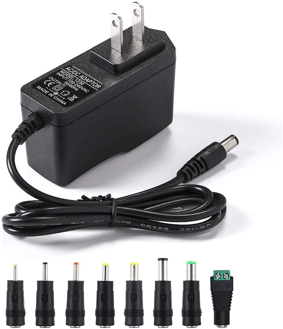 12V 2A Power Supply Adapter with 8 Tips – Universal 12V 2000mA Charger for LED Strip, CCTV, Router, GPS & More (6FT Cable)