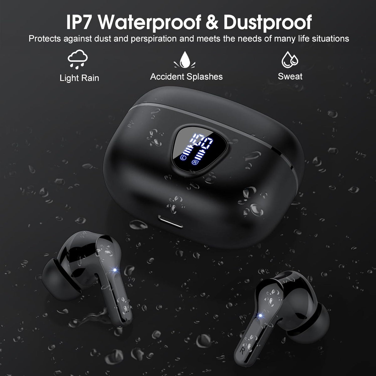 Wireless Earbuds, Bluetooth 5.4 Headphones HiFi Stereo, Bluetooth Earbuds with ENC Noise Cancelling Mic, IP7 Waterproof in Ear Earphones, 48H, LED Display Ear buds for Pad Phones Workout Sports, Black