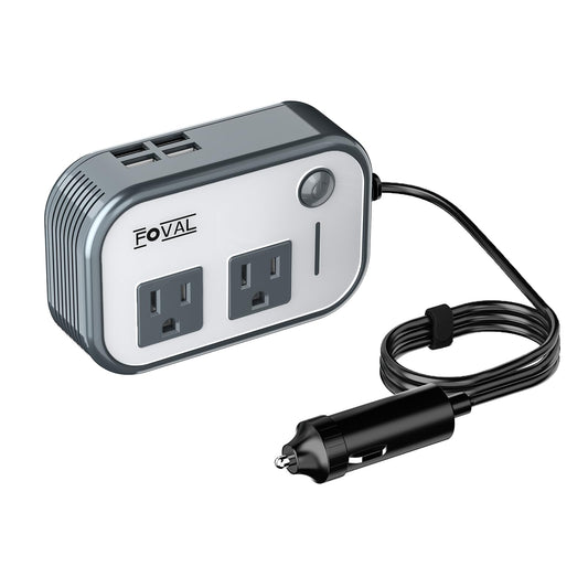 200W Car Power Inverter, FOVAL 12V DC to 110V AC Car Inverte with 4 USB Ports Car Outlet Adapter, Power Inverter for Vehicles, Car Plug Adapter Outlet for Laptop Computer Charger (Gray)